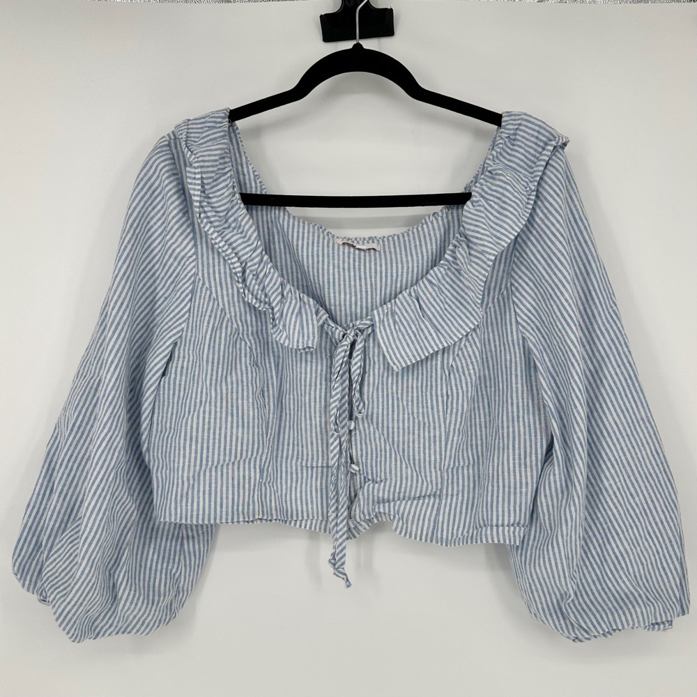 Gianni Bini GB Stripe Cropped Balloon Sleeve Blouse Top‎ Peter Collar Linen XXL